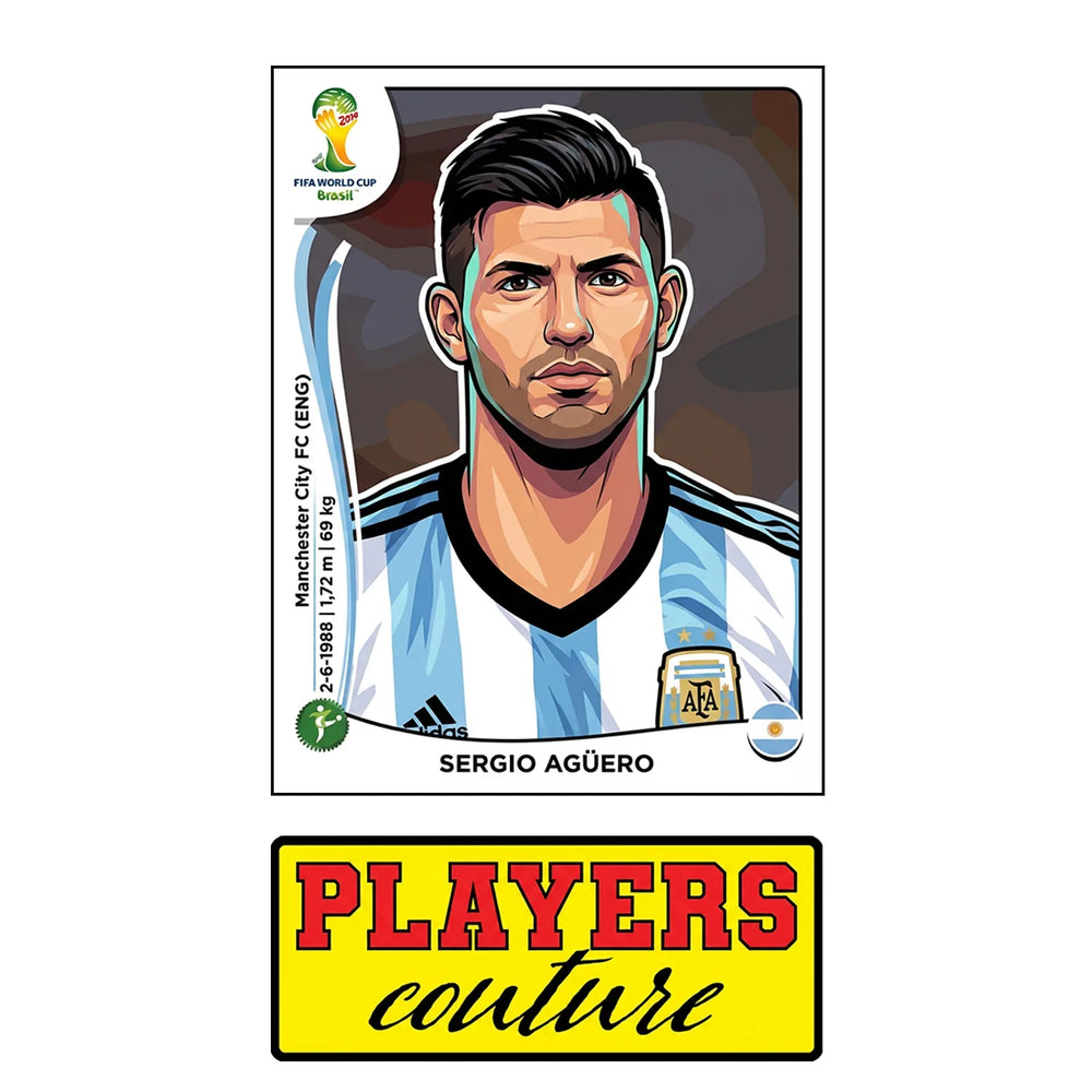 Sergio Aguero World Cup Sticker Men's T-Shirt – close-up detail shot of the Sergio Aguero World Cup Players Couture logo