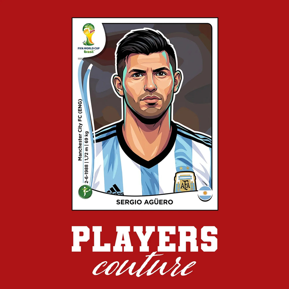Sergio Aguero World Cup Sticker Men's T-Shirt – red close-up detail shot of the Sergio Aguero World Cup Players Couture logo