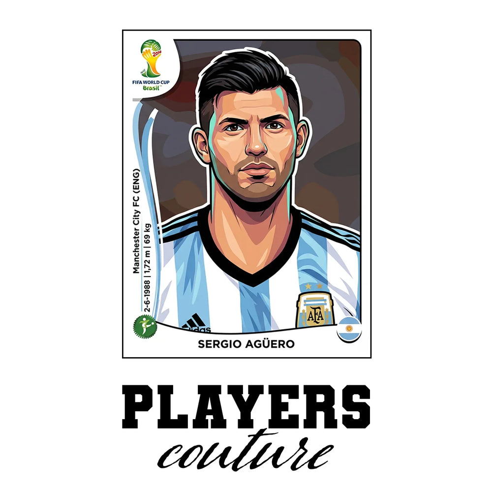 Sergio Aguero World Cup Sticker Men's T-Shirt – white close-up detail shot of the Sergio Aguero Players Couture logo design
