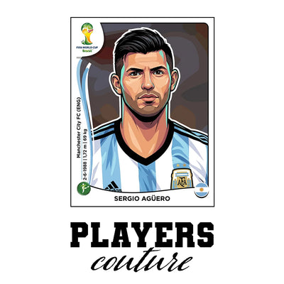 Sergio Aguero World Cup Sticker Men's T-Shirt – white close-up detail shot of the Sergio Aguero Players Couture logo design