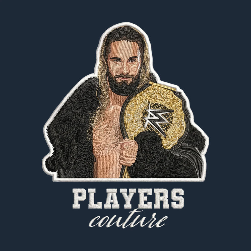 Seth Rollins Badge Men's Hoodie – white close-up detail shot of the Seth Rollins Players Couture logo design