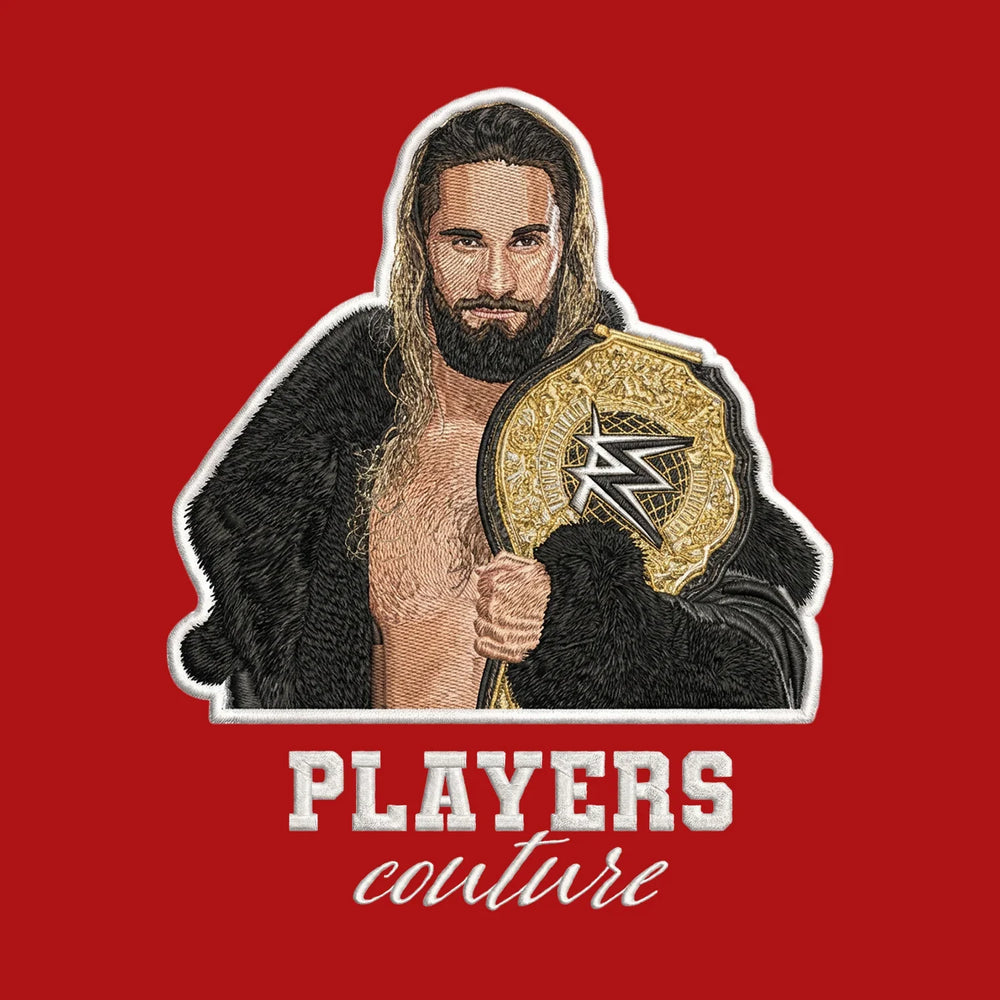 Seth Rollins Badge Men's Hoodie – white close-up detail shot of the Seth Rollins Players Couture logo design
