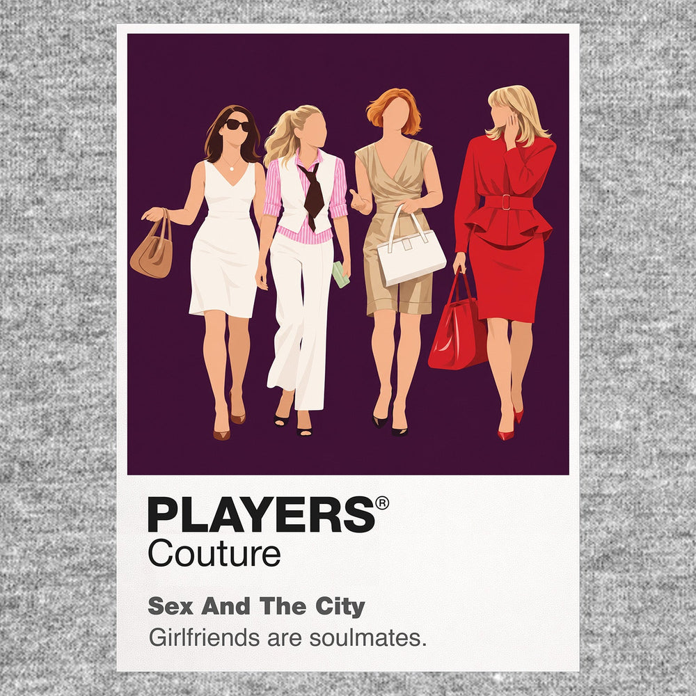 Sex and the City Carrie, Miranda, Charlotte and Samantha navigating friendship, fashion and New York Icon Frame artwork in grey