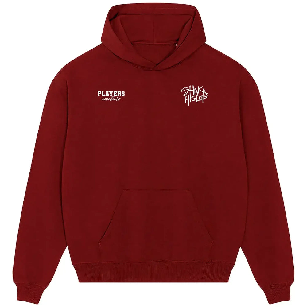Shaka Hislop hoodie – red men's hoodie featuring the Shaka Hislop Players Couture logo