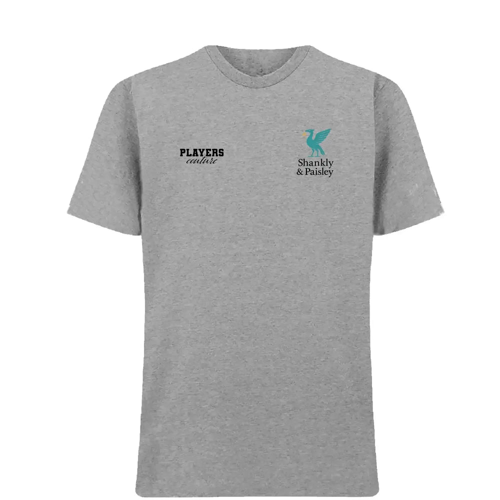 Shankly & Paisley Turquoise t-shirt – grey men's t-shirt featuring the Shankly & Paisley Turquoise Players Couture logo