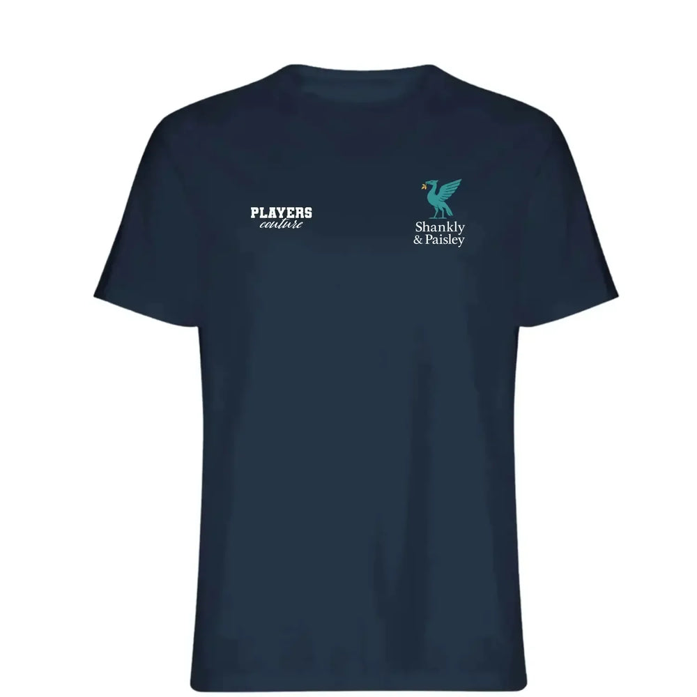 Shankly & Paisley Turquoise t-shirt – navy men's t-shirt featuring the Shankly & Paisley Turquoise Players Couture logo