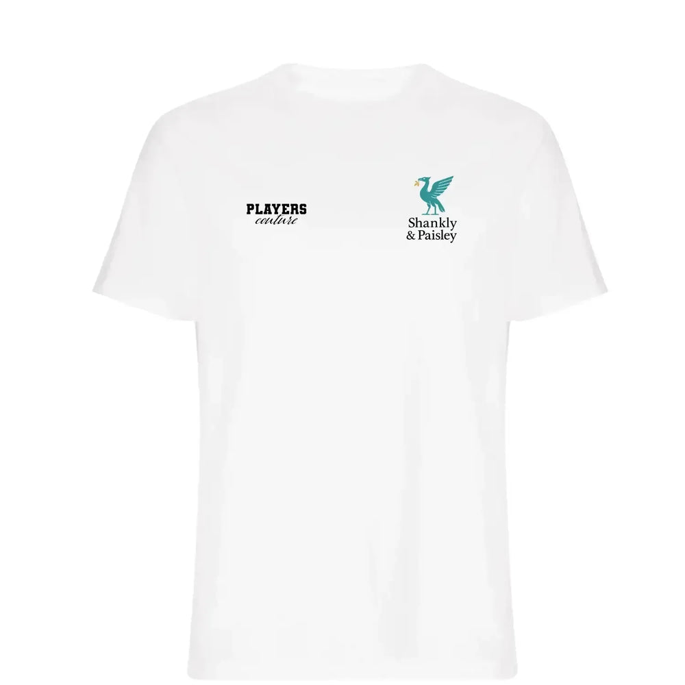 Shankly & Paisley Turquoise t-shirt – white men's t-shirt featuring the Shankly & Paisley Turquoise Players Couture logo