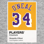 Shaquille O'Neal 34 Lakers Jersey Frame Men's T-Shirt – grey close-up detail shot of the Shaquille O'Neal 34 Lakers Players