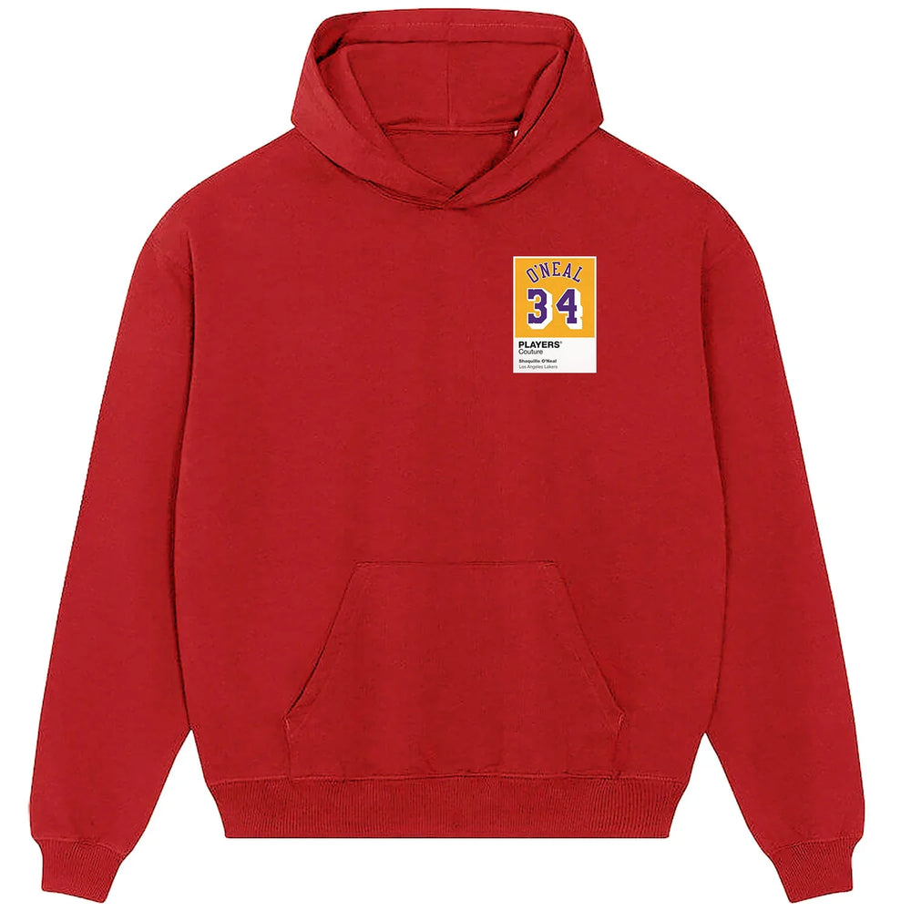 Shaquille O'Neal 34 Lakers hoodie – red men's hoodie featuring the Shaquille O'Neal 34 Lakers Players Couture logo