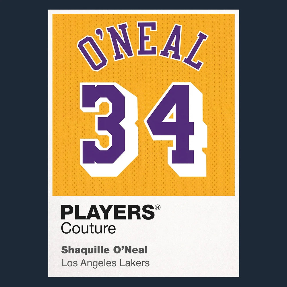 Shaquille O'Neal 34 Lakers Jersey Frame Men's T-Shirt – navy close-up detail shot of the Shaquille O'Neal 34 Lakers Players