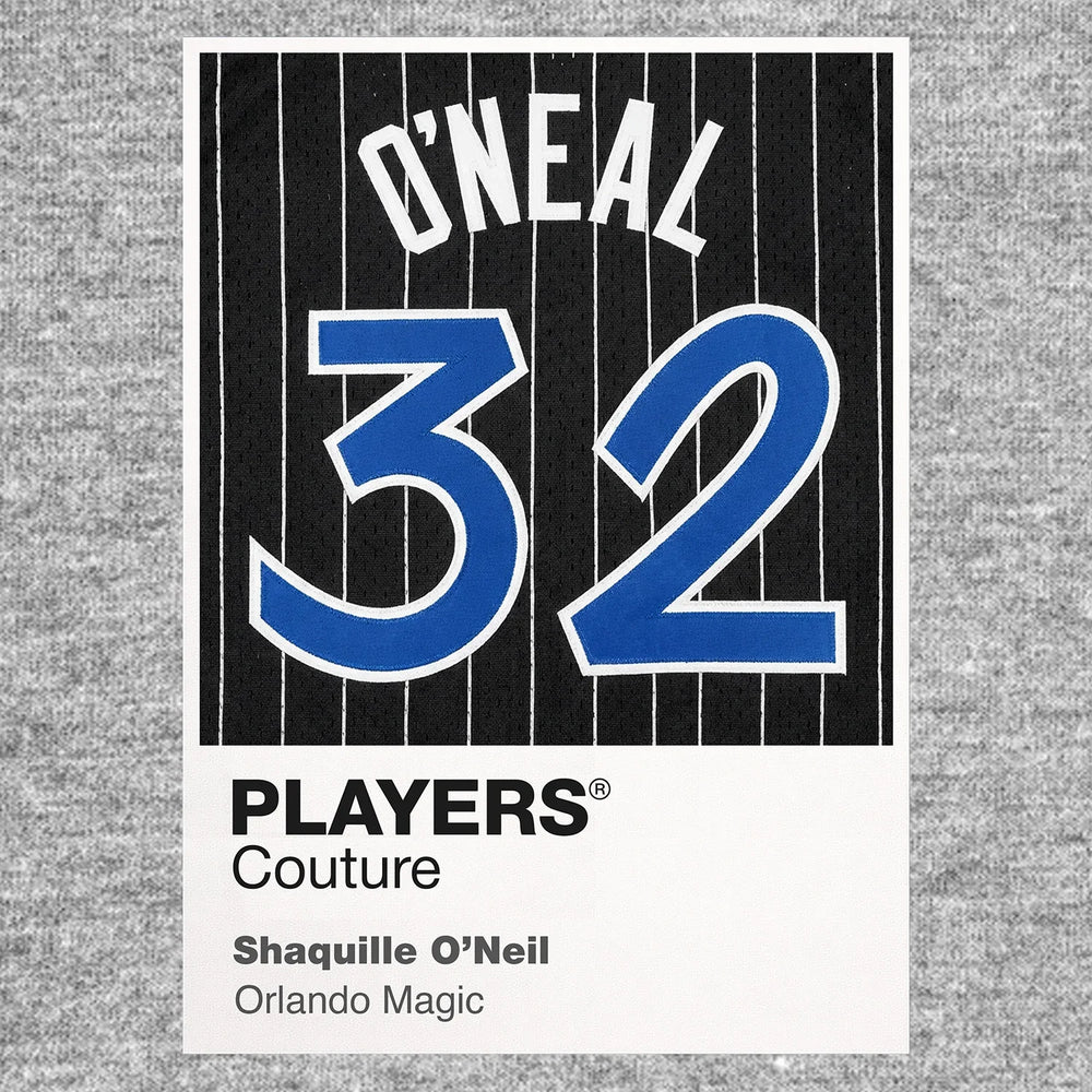 Shaquille O'Neal 32 Magic Jersey Frame Men's T-Shirt – grey close-up detail shot of the Shaquille O'Neal 32 Magic Players