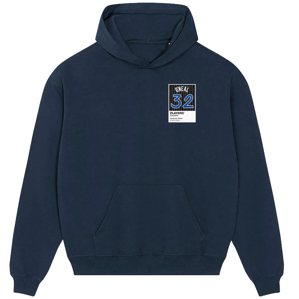 Shaquille O'Neal 32 Magic hoodie – navy men's hoodie featuring the Shaquille O'Neal 32 Magic Players Couture logo