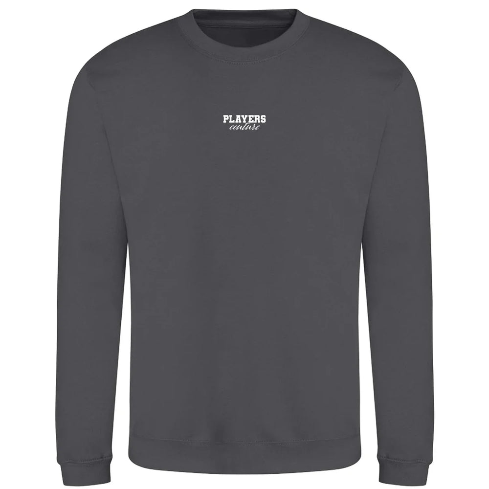Essentials Collection hoodie – grey men's hoodie with black Essentials Collection letters and Players Couture logo on the