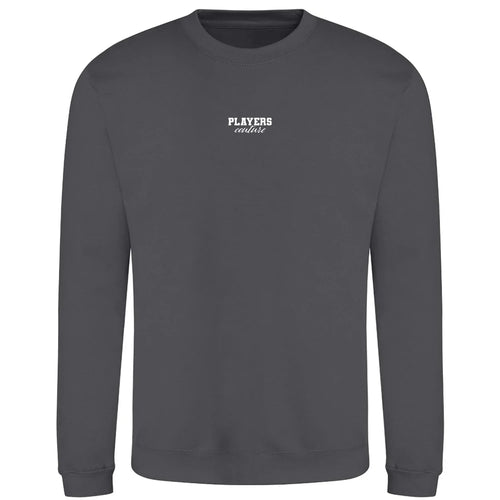 Essentials Collection hoodie – grey men's hoodie with black Essentials Collection letters and Players Couture logo on the