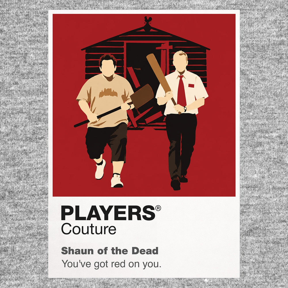 Shaun of the Dead Shaun with his red tie and cricket bat beside Ed during the London zombie outbreak Icon Frame artwork in grey