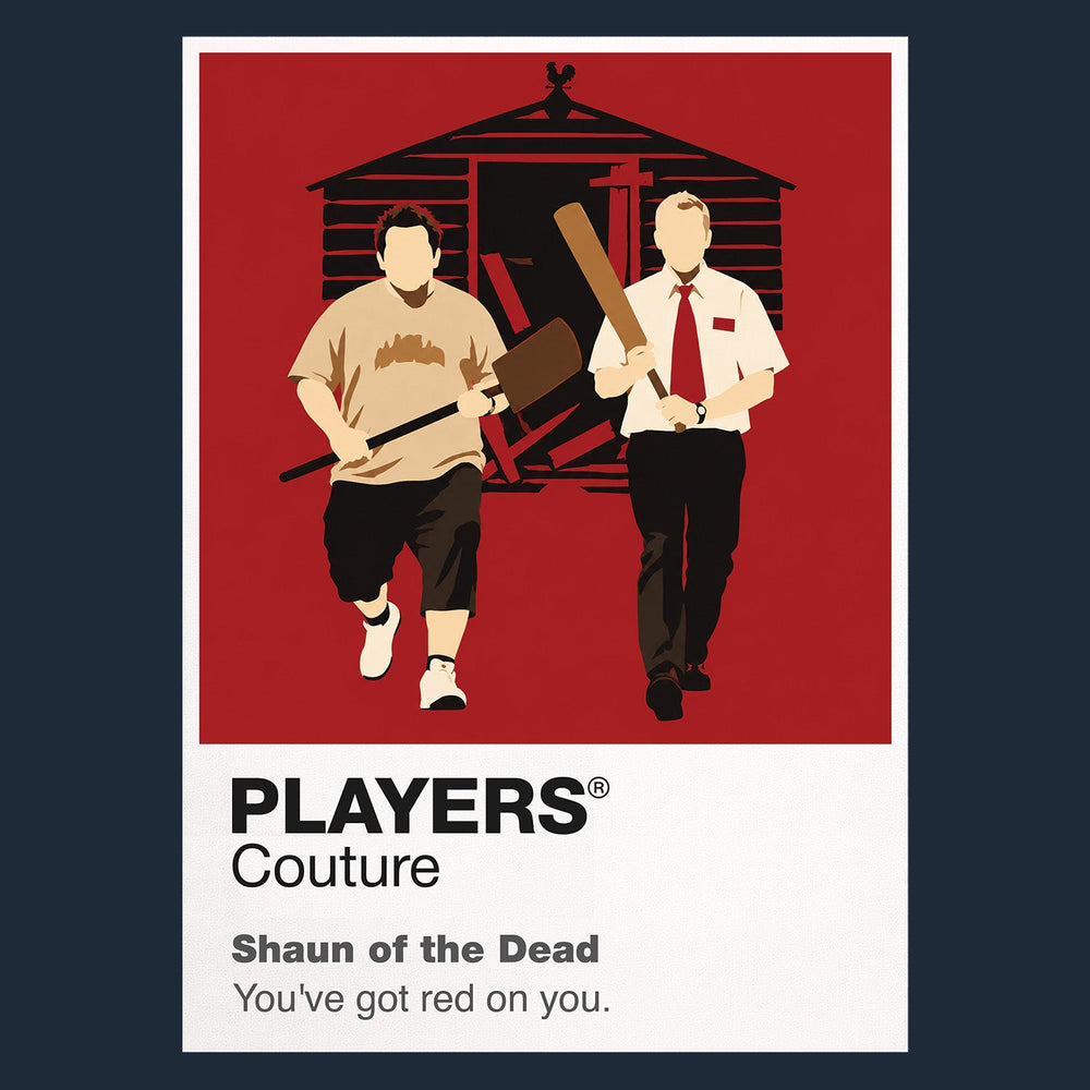 Shaun of the Dead Shaun with his red tie and cricket bat beside Ed during the London zombie outbreak Icon Frame artwork in navy