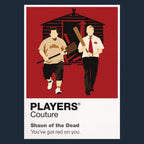 Shaun of the Dead Shaun with his red tie and cricket bat beside Ed during the London zombie outbreak Icon Frame artwork in navy