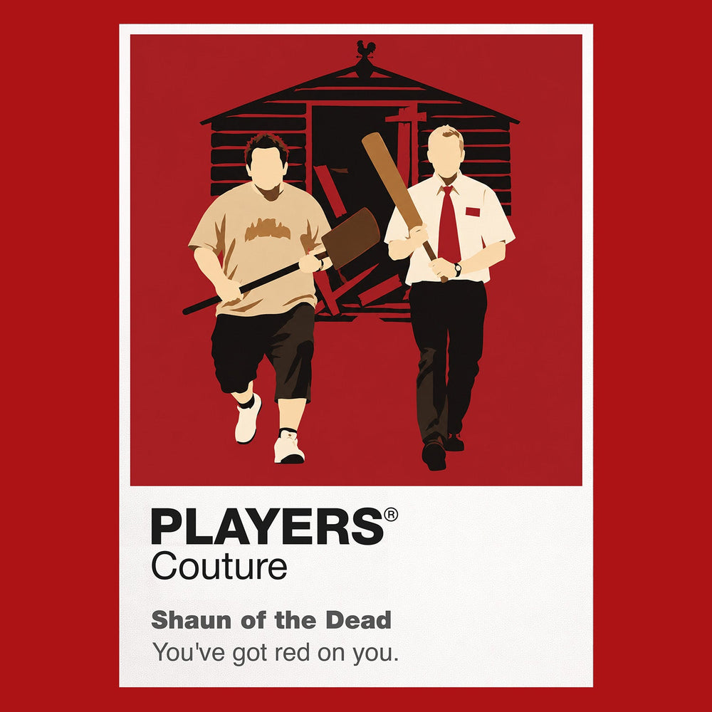 Shaun of the Dead Shaun with his red tie and cricket bat beside Ed during the London zombie outbreak Icon Frame artwork in red