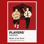 Shaun of the Dead Shaun with his red tie and cricket bat beside Ed during the London zombie outbreak Icon Frame artwork in red