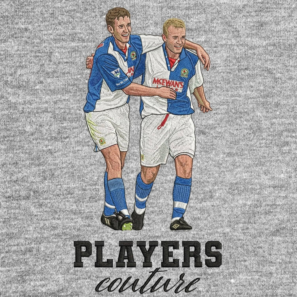 Shearer & Sutton Badge Men's Hoodie – grey close-up detail shot of the Shearer & Sutton Players Couture logo design