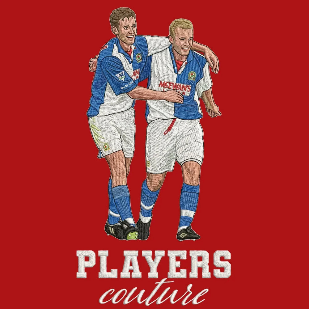 Shearer & Sutton Badge Men's Hoodie – red close-up detail shot of the Shearer & Sutton Players Couture logo design