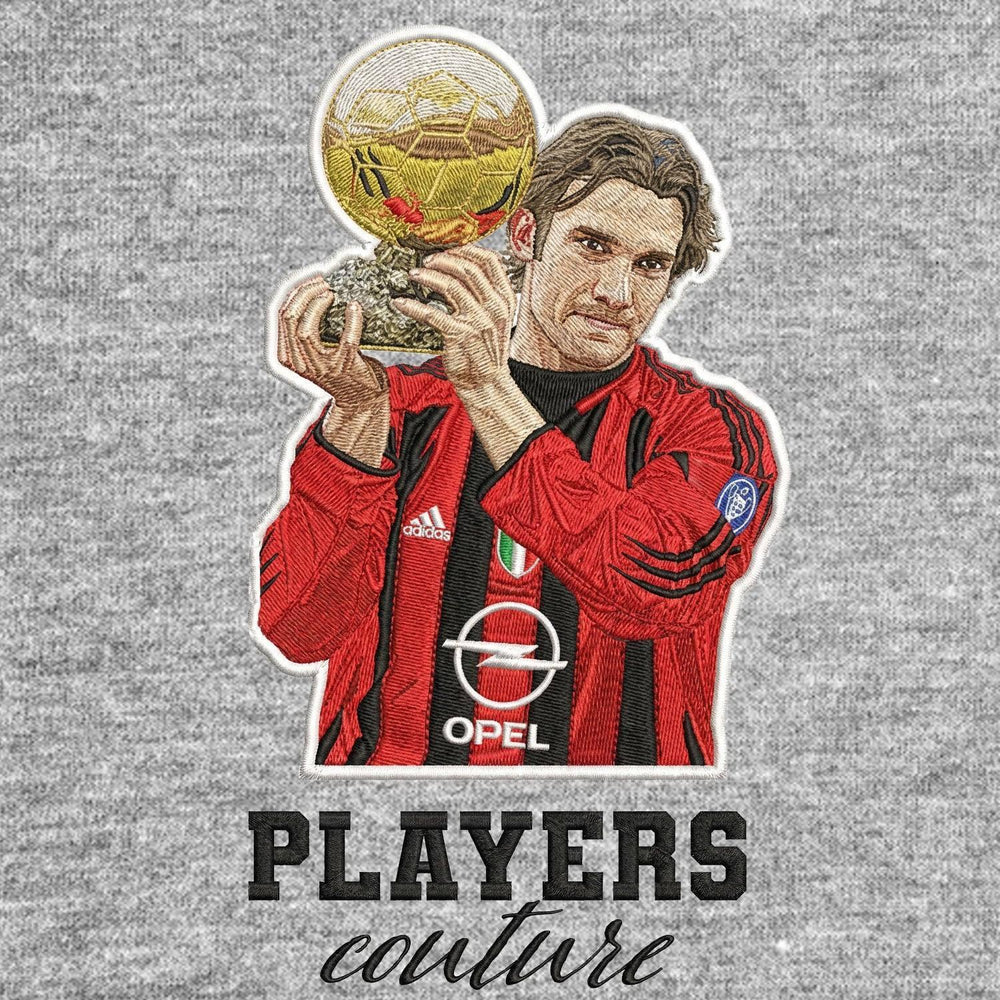 Andriy Shevchenko Badge Men's Hoodie – grey close-up detail shot of the Andriy Shevchenko Players Couture logo design