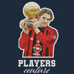 Andriy Shevchenko Badge Men's Hoodie – navy close-up detail shot of the Andriy Shevchenko Players Couture logo design