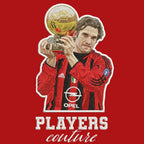 Andriy Shevchenko Badge Men's Hoodie – red close-up detail shot of the Andriy Shevchenko Players Couture logo design