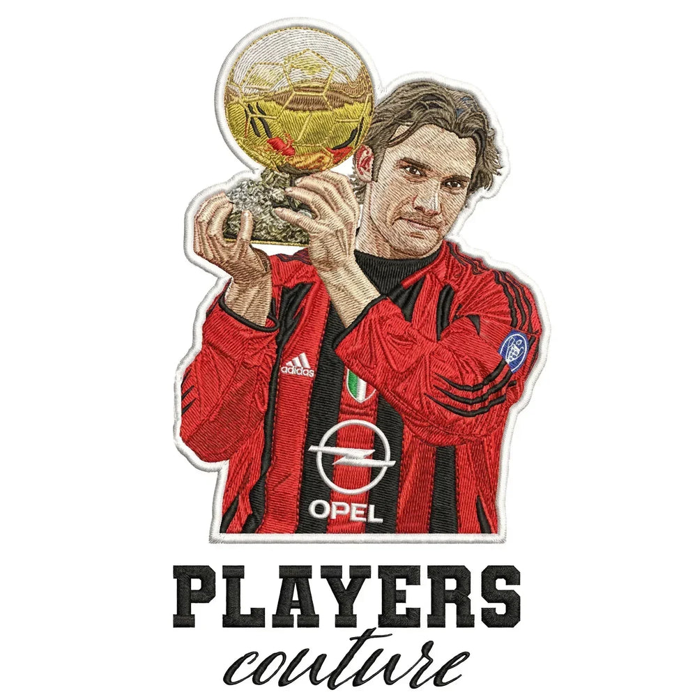 Andriy Shevchenko Badge Men's Hoodie – white close-up detail shot of the Andriy Shevchenko Players Couture logo design