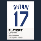 Shohei Ohtani 17 Dodgers Jersey Frame Men's T-Shirt – navy close-up detail shot of the Shohei Ohtani 17 Dodgers Players