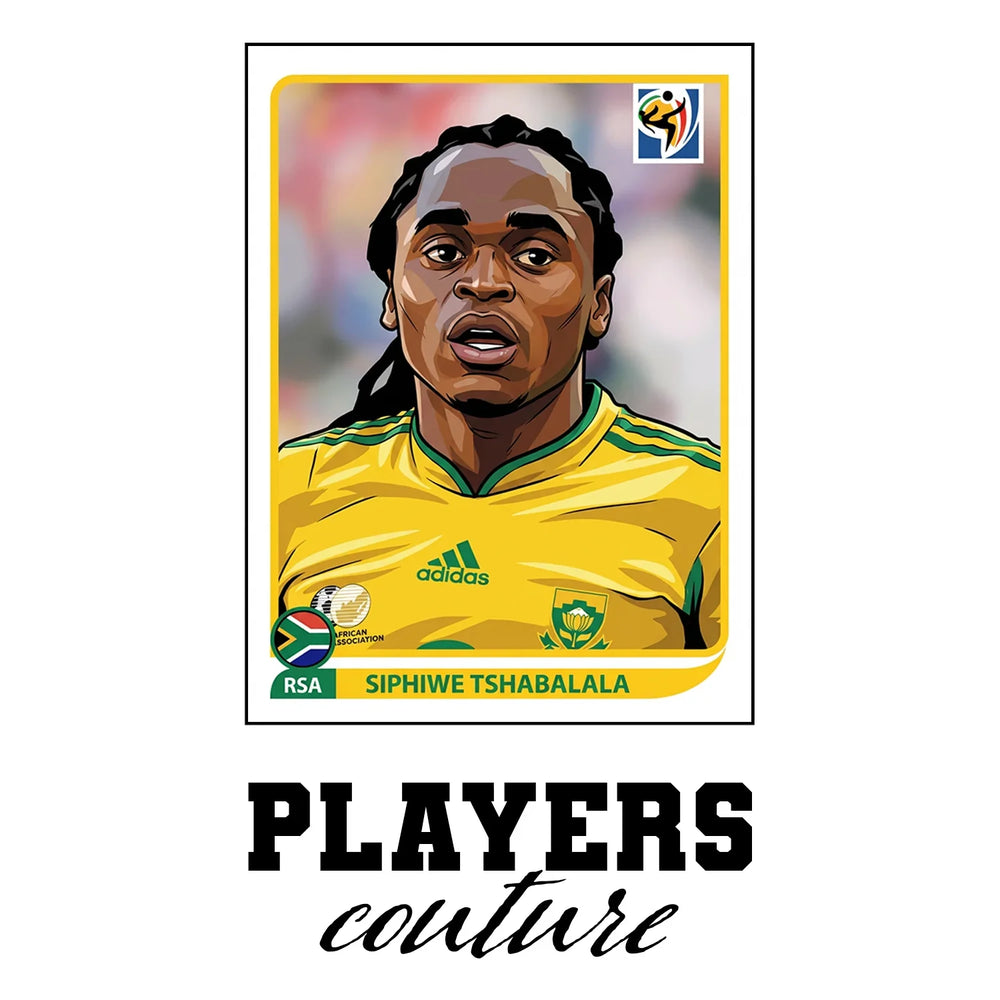 Siphiwe Tshabalala World Cup Sticker Men's T-Shirt – white close-up detail shot of the Siphiwe Tshabalala Players Couture