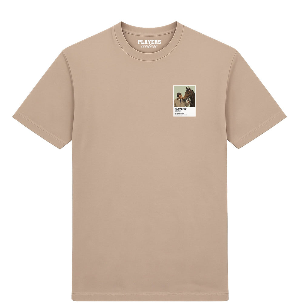 Sir Henry Cecil horse racing T-shirt – mens desert sand tshirt view