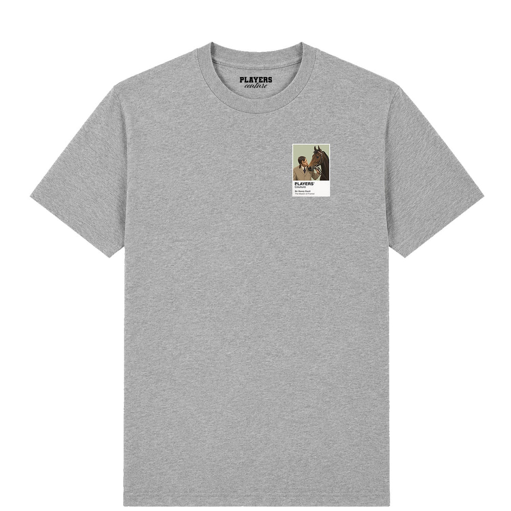 Sir Henry Cecil horse racing T-shirt – mens grey tshirt view