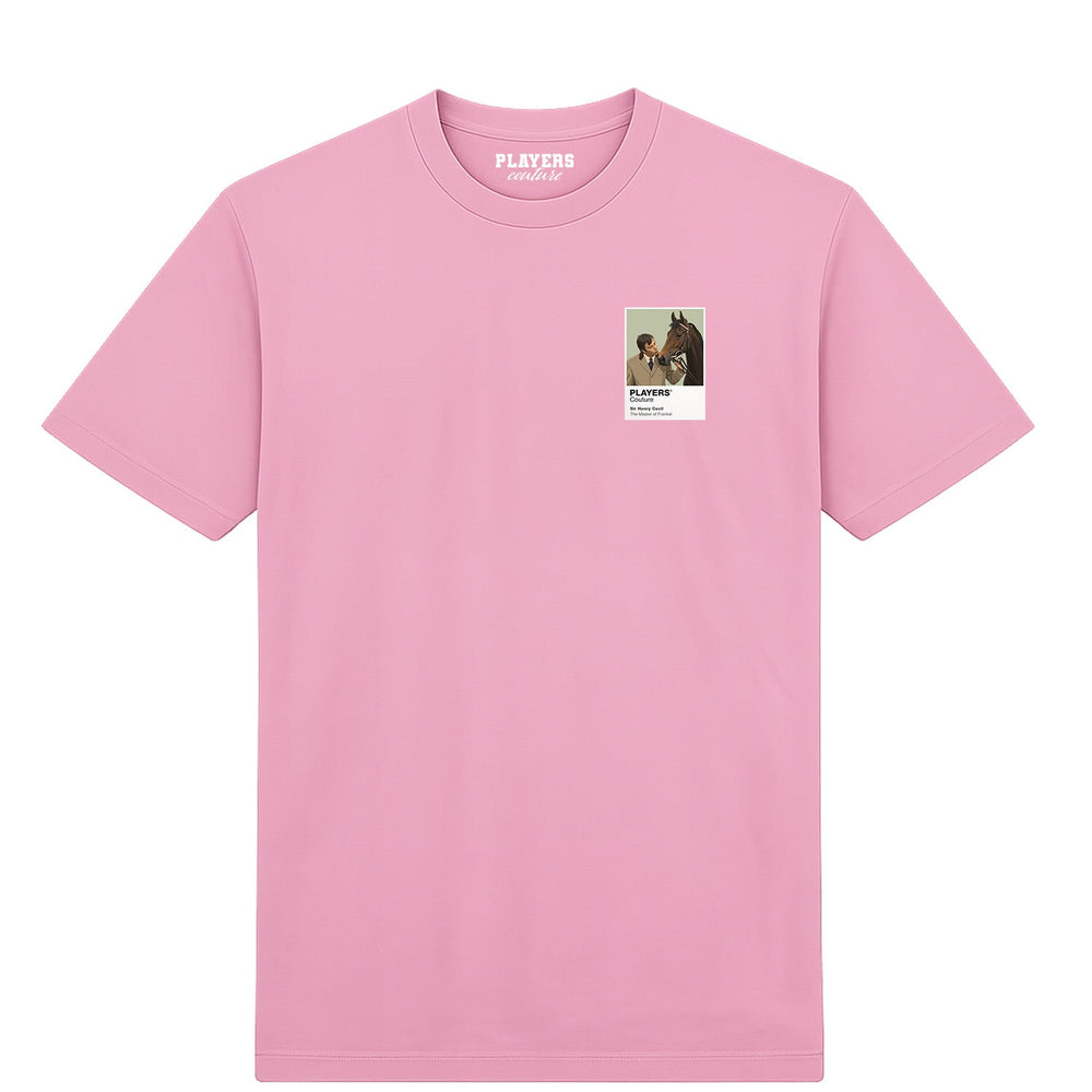 Sir Henry Cecil horse racing T-shirt – mens pink tshirt view