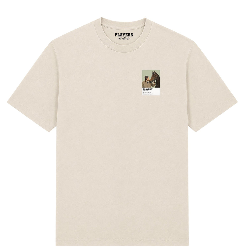 Sir Henry Cecil horse racing T-shirt – mens stone tshirt view