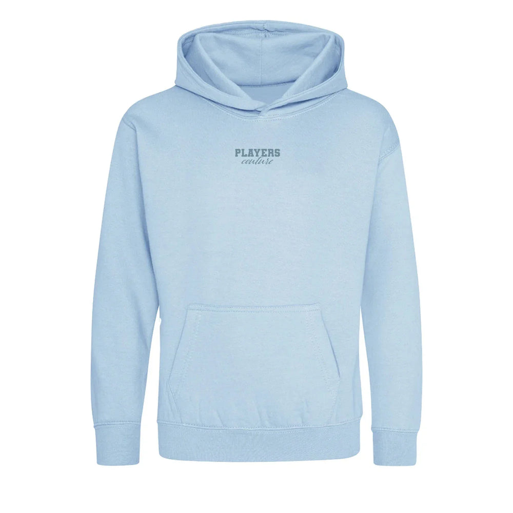 Essentials Collection hoodie – blue kids' hoodie with white Essentials Collection letters and Players Couture logo on the