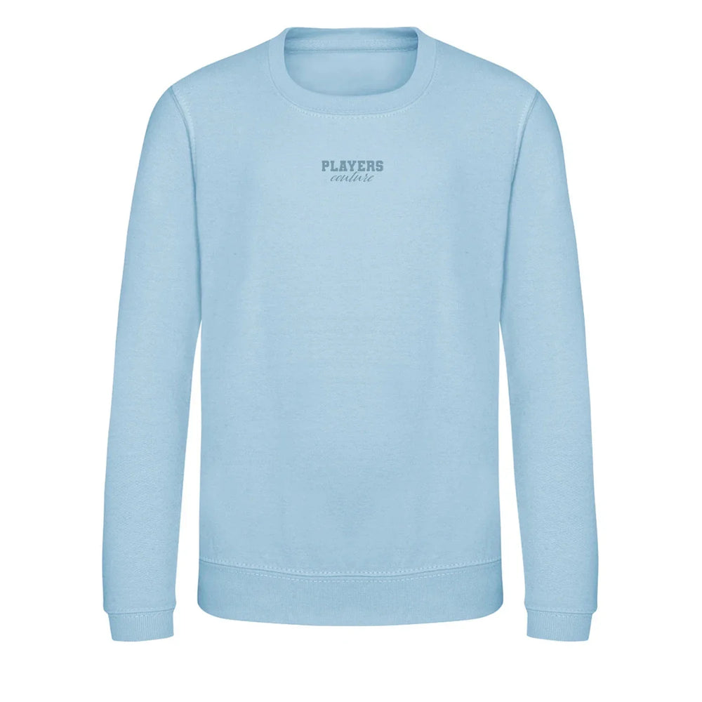 Essentials Collection hoodie – blue kids' hoodie with white Essentials Collection letters and Players Couture logo on the