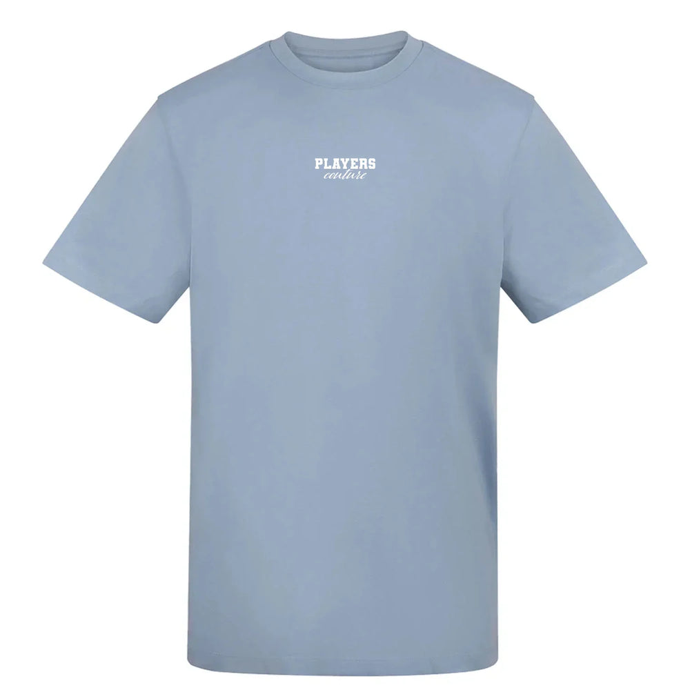 Essentials Collection t-shirt – blue men's t-shirt with white Essentials Collection letters and Players Couture logo on the