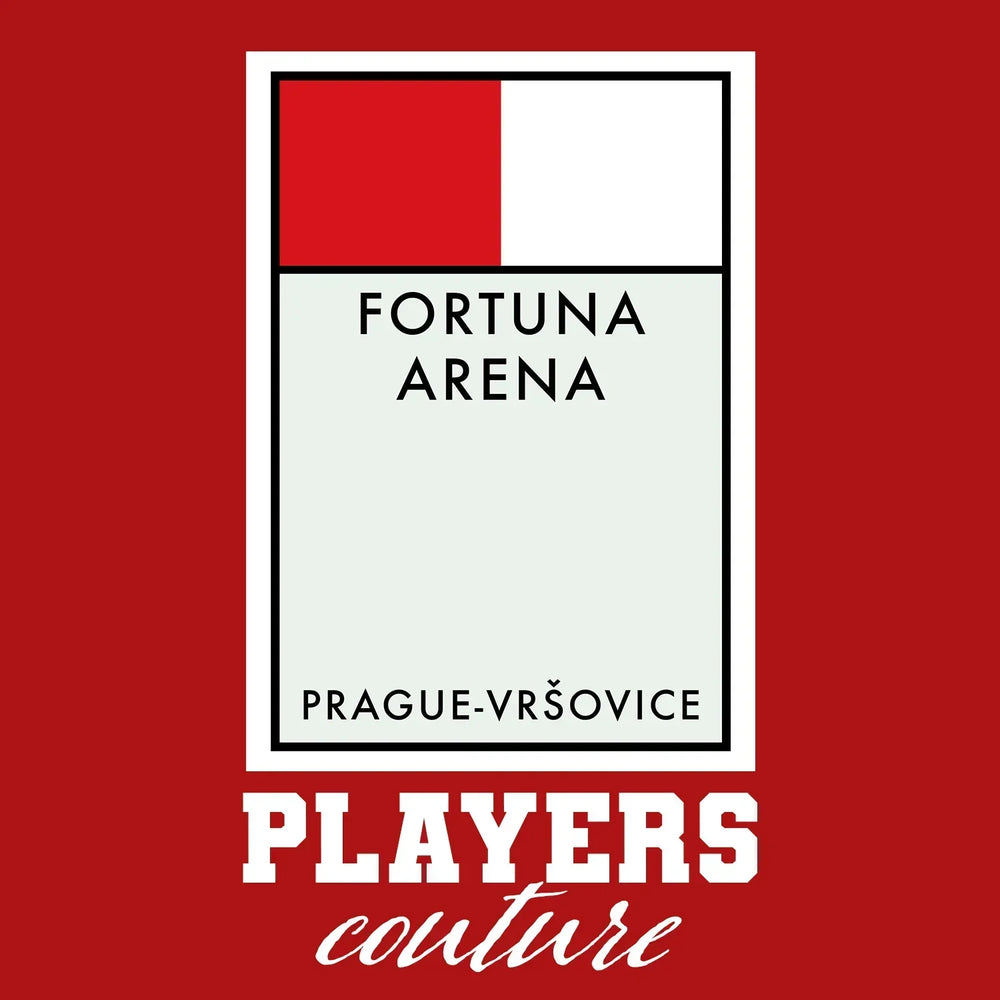 Slavia Prague Monopoly Card hoodie – red men's hoodie with white Slavia Prague Monopoly Card letters and Players Couture