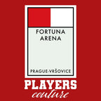 Slavia Prague Monopoly Card hoodie – red men's hoodie with white Slavia Prague Monopoly Card letters and Players Couture