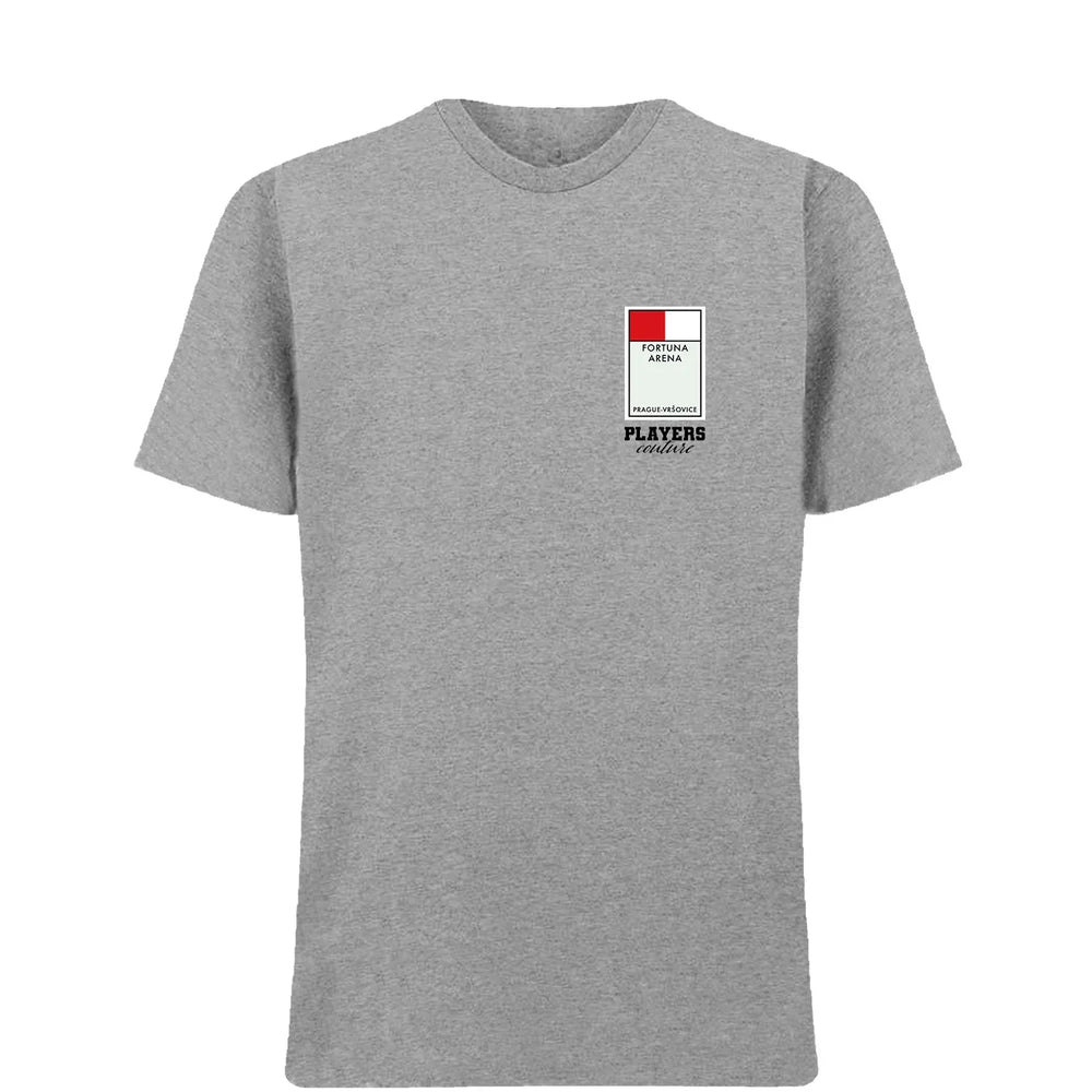 Slavia Prague Monopoly Card t-shirt – close-up of white Slavia Prague Monopoly Card lettering and Players Couture logo on