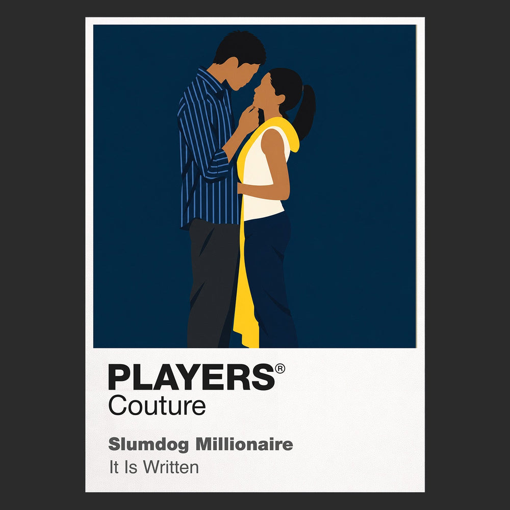 Slumdog Millionaire Jamal and Latika against the kinetic colour, crowds and railway imagery of Mumbai Icon Frame artwork in black
