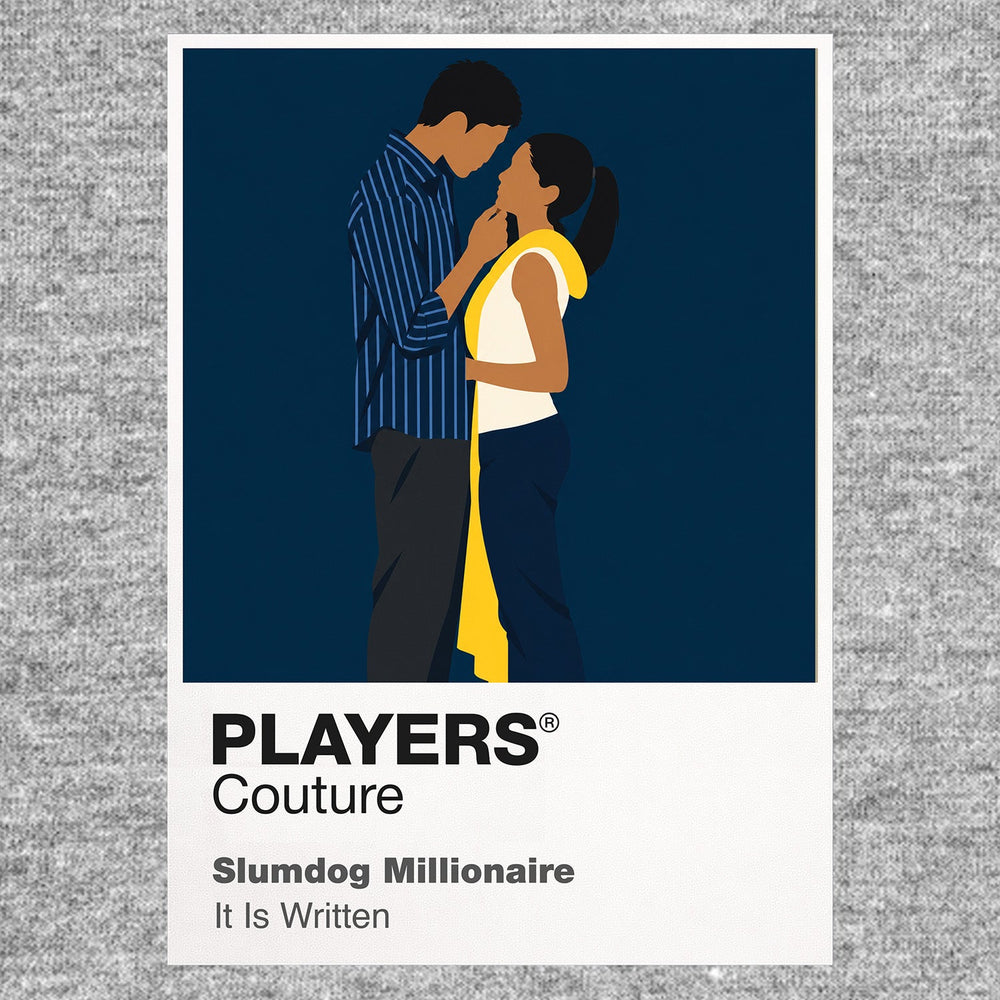 Slumdog Millionaire Jamal and Latika against the kinetic colour, crowds and railway imagery of Mumbai Icon Frame artwork in grey