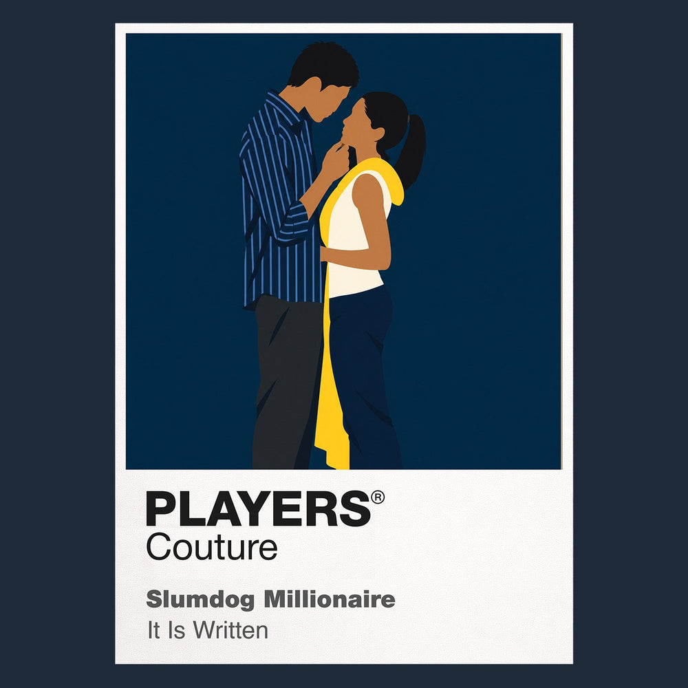 Slumdog Millionaire Jamal and Latika against the kinetic colour, crowds and railway imagery of Mumbai Icon Frame artwork in navy