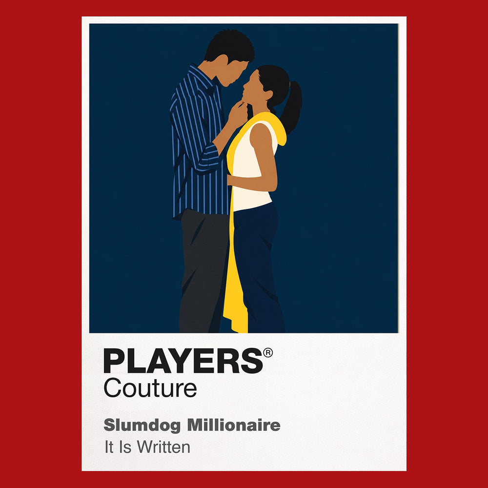 Slumdog Millionaire Jamal and Latika against the kinetic colour, crowds and railway imagery of Mumbai Icon Frame artwork in red