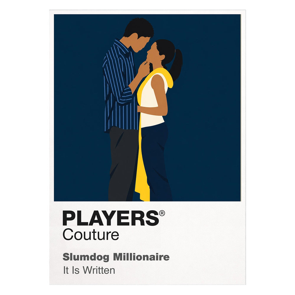 Slumdog Millionaire Jamal and Latika against the kinetic colour, crowds and railway imagery of Mumbai Icon Frame artwork on white