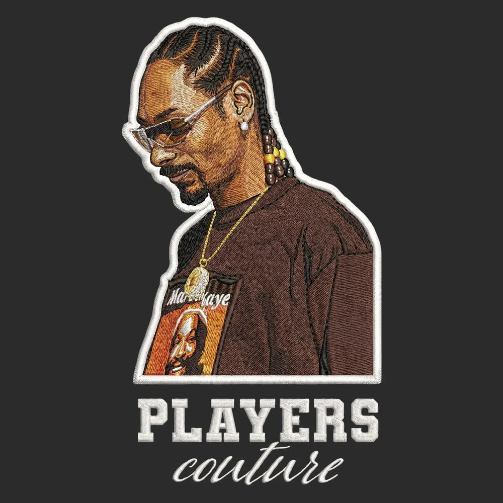 Snoop Dogg Badge Men's Hoodie – white close-up detail shot of the Snoop Dogg Players Couture logo design