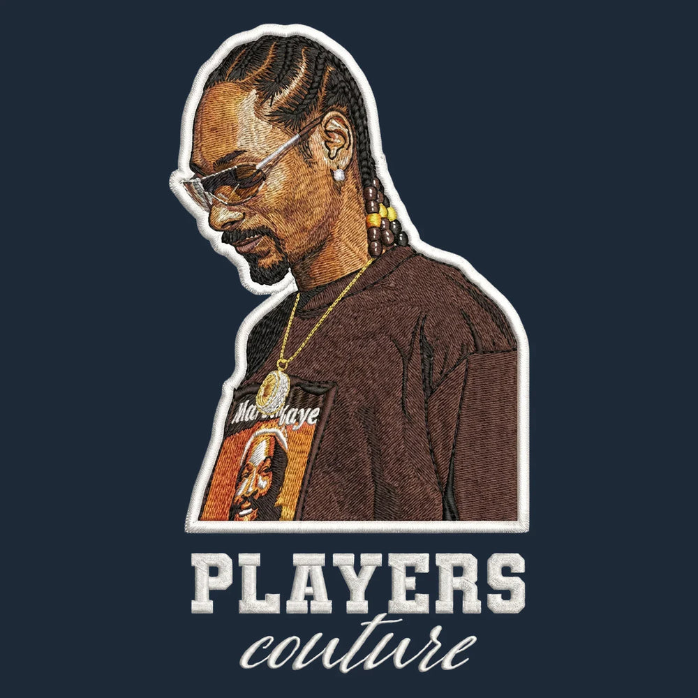 Snoop Dogg Badge Men's Hoodie – white close-up detail shot of the Snoop Dogg Players Couture logo design