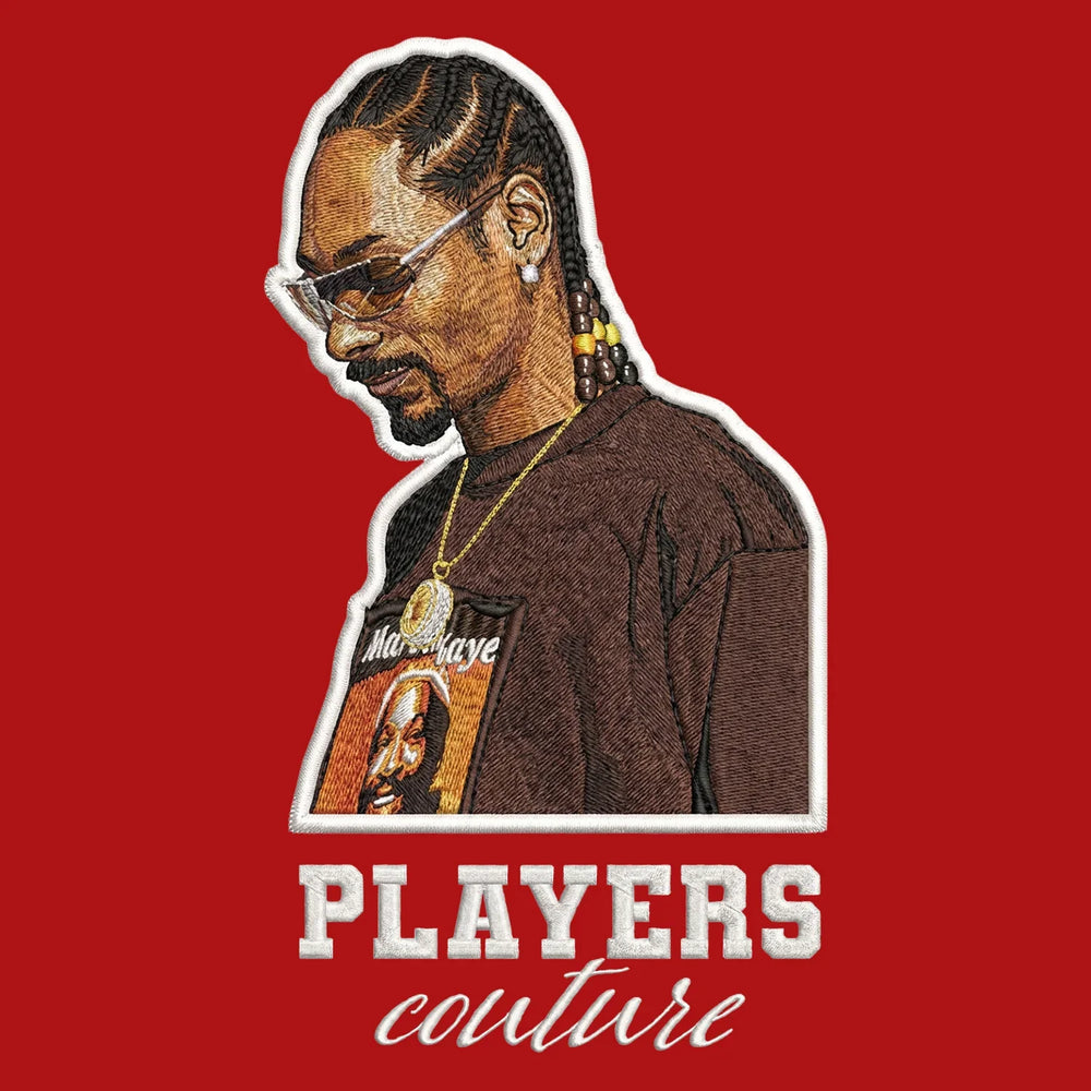 Snoop Dogg Badge Men's Hoodie – white close-up detail shot of the Snoop Dogg Players Couture logo design