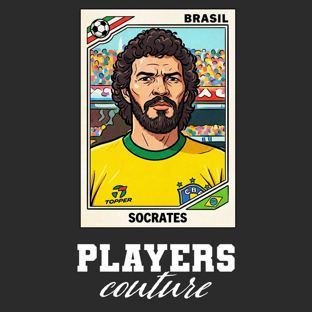 Socrates World Cup Sticker Men's T-Shirt – black close-up detail shot of the Socrates World Cup Players Couture logo design
